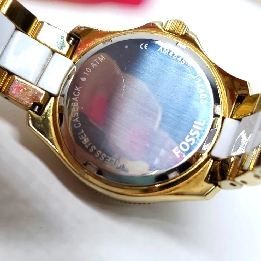 Fossil Watch AM4645 Gold White Two Tone Wristband White Face Chronograph